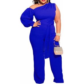 Aro Lora Women's Plus Size Sexy One Shoulder High Waist One Piece Pant Outfit Wide Leg Jumpsuit Romper