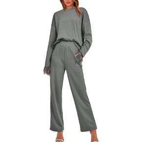 BTFBM Women Two Piece Outfits 2023 Feather Trim Loose Long Sleeve Pullover Leg Pants Casual Sweatsuit Tracksuits Sets in Saudi Arabia