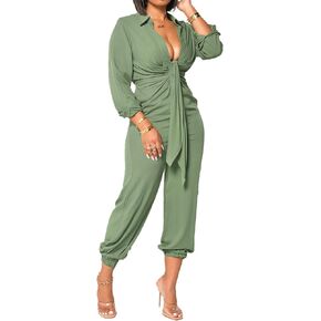 Umenlele Women’s Sexy Jumpsuit One Pieces Tie Front v Neck Long Sleeve Pants Romper