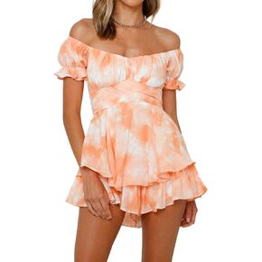 Linsery Women Boho Off Shoulder Romper Shorts Summer Floral Ruffle Jumpsuits Dressy