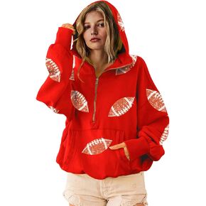 SeekMe Womens Game Day Sweatshirts Football Sequin Hoodies Tailgate Outfits Long Sleeve Zipper Sweaters with Pocket