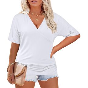IN'VOLAND Womens Plus Size Tops V Neck Wrap Short Sleeve Shirts Casual Loose Dolman Top Tunic Blouses