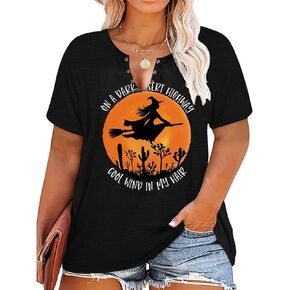 Plus Size Halloween Witch T-Shirt Women Sexy V Neck Ring Hole Tees Blouse Short Sleeve Fall Holiday Tunic Tops