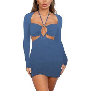 ZAFUL Halter Short Dresses for Women 2023 Long Sleeve Ribbed Cut Out Sexy Bodycon Party Club Night Out Dress