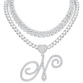 KOHOTA Cursive Silver Initial Pendant Necklace for Women Miami Cuban Link Chain Layered Heart Shape Bling Diamond Iced Out Chain Pendant Necklace Hip Hop Jewelry Gift 2PCS Chains in Saudi Arabia