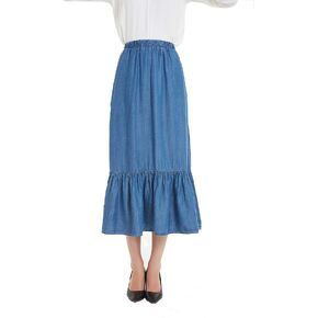 Tronjori Womens Tencel Denim Long Midi Skirt Pleated Hem