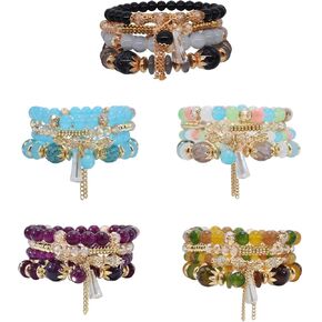 NSLS 5 Sets Boho Bracelets for Women Multilayer Stackable Sparkly Crystal Beaded Stretch Bracelets Set for Teen Girls Bead Bracelet Jewelry Set in Kuwait