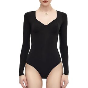 Freehut Women's Bodysuit Long Sleeve Double Lined Square V Neck Thong Slimming Body Suit Tops Softhug Collection in Saudi Arabia