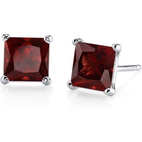 Peora Solid 14K White Gold Red Garnet Stud Earrings for Women, Genuine Gemstone Birthstone Solitaire Princess Cut, 6mm, 2.75 Carats total, Friction Back in Saudi Arabia