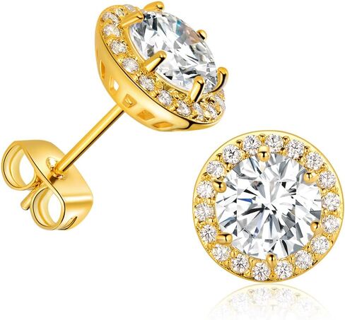 Gold Plated Cubic Zirconia Stud Earrings, Simulated Diamond Halo Stud Earrings with Large 7mm and 18pcs Small Bright CZ Stone Earrings in Kuwait