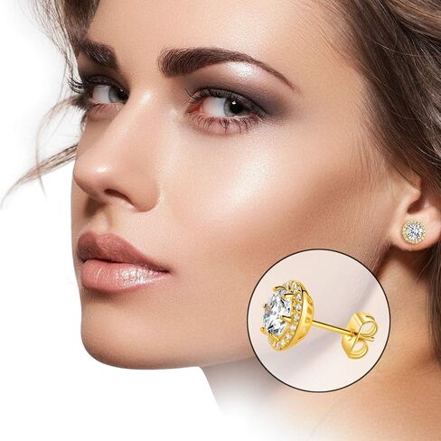 Gold Plated Cubic Zirconia Stud Earrings, Simulated Diamond Halo Stud Earrings with Large 7mm and 18pcs Small Bright CZ Stone Earrings in Kuwait