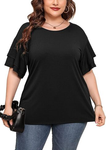 AusLook Plus Size Tunic for Women Double Ruffle Short Sleeve Clothes Loose Fit Clothing Flowy Shirts Summer Tops in Saudi Arabia