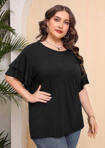 AusLook Plus Size Tunic for Women Double Ruffle Short Sleeve Clothes Loose Fit Clothing Flowy Shirts Summer Tops in Saudi Arabia