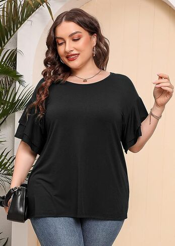 AusLook Plus Size Tunic for Women Double Ruffle Short Sleeve Clothes Loose Fit Clothing Flowy Shirts Summer Tops in Saudi Arabia