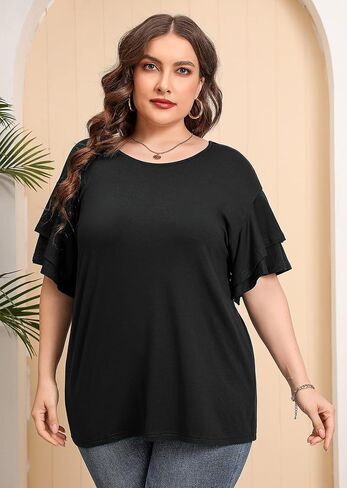 AusLook Plus Size Tunic for Women Double Ruffle Short Sleeve Clothes Loose Fit Clothing Flowy Shirts Summer Tops in Saudi Arabia