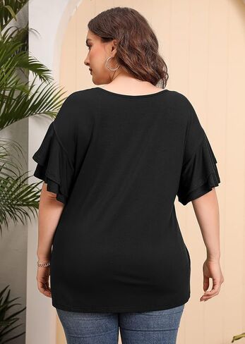 AusLook Plus Size Tunic for Women Double Ruffle Short Sleeve Clothes Loose Fit Clothing Flowy Shirts Summer Tops in Saudi Arabia