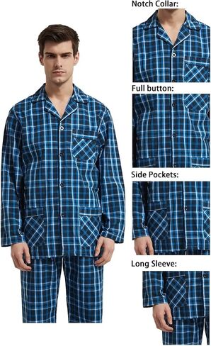 GLOBAL Pajamas for Men Pj Set 100% Cotton Pajama Long Sleeve/Pants Plaids Loungewear sets in Kuwait
