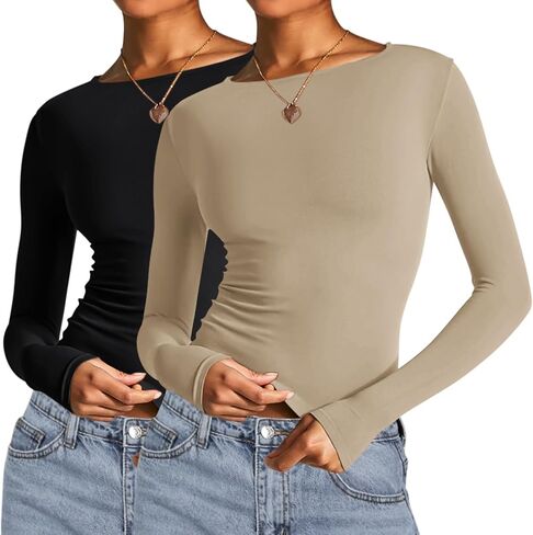 AKEWEI Long Sleeve Crop Tops for Women 2 Pack Fall Going Out Outfits Cute Tight Basic Tees Shirt in Kuwait