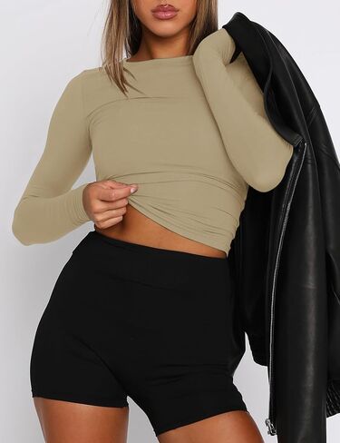 AKEWEI Long Sleeve Crop Tops for Women 2 Pack Fall Going Out Outfits Cute Tight Basic Tees Shirt in Kuwait