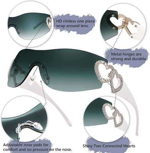 FEISEDY Rimless Y2K Sunglasses Heart for Women Men Fashion Futuristic Wrap Around Oversized Trendy Shield B2981 in Saudi Arabia
