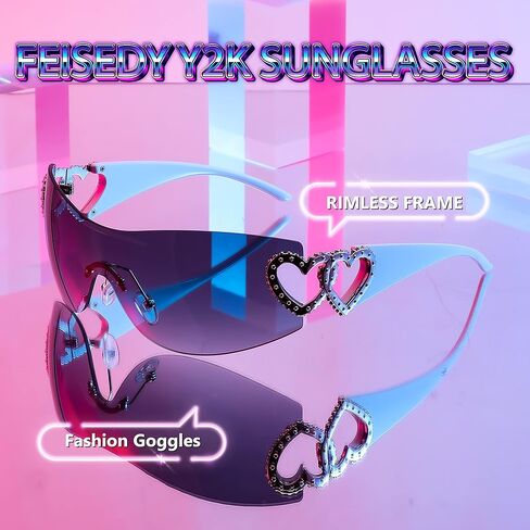 FEISEDY Rimless Y2K Sunglasses Heart for Women Men Fashion Futuristic Wrap Around Oversized Trendy Shield B2981 in Saudi Arabia