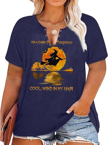 حجم كبير هالوين الساحرة تي شيرت المرأة مثير الخامس الرقبة حلقة هول تيز بلوزة قصيرة الأكمام الخريف عطلة تونك القمم in Kuwait