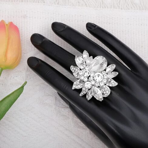 CSY Luxury Women's Austrian Crystal Leaves Flower Big Cocktail Statement Rings Stretch Adjustable Ring Jewelry Accessories in Kuwait