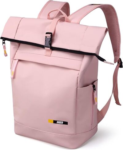 حقيبة ظهر للسفر MIER Rolltop للرجال والنساء، مقاومة للماء، حقيبة ظهر كاجوال للركاب مع جيوب متعددة للعمل ورحلة الكلية، 23 لتر، أسود in Saudi Arabia