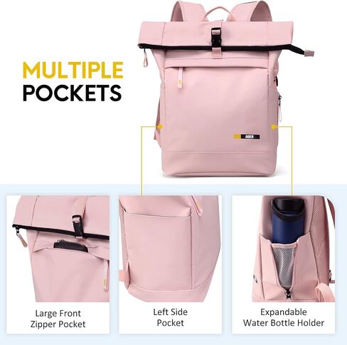 حقيبة ظهر للسفر MIER Rolltop للرجال والنساء، مقاومة للماء، حقيبة ظهر كاجوال للركاب مع جيوب متعددة للعمل ورحلة الكلية، 23 لتر، أسود in Saudi Arabia