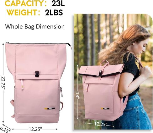 حقيبة ظهر للسفر MIER Rolltop للرجال والنساء، مقاومة للماء، حقيبة ظهر كاجوال للركاب مع جيوب متعددة للعمل ورحلة الكلية، 23 لتر، أسود in Saudi Arabia