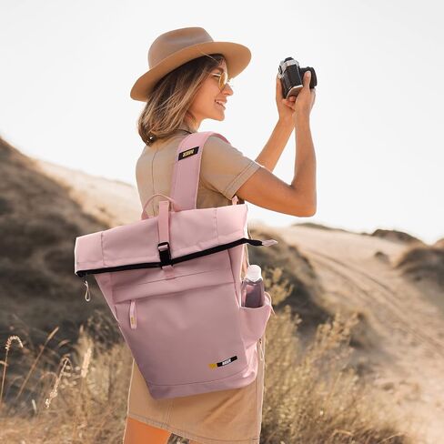 حقيبة ظهر للسفر MIER Rolltop للرجال والنساء، مقاومة للماء، حقيبة ظهر كاجوال للركاب مع جيوب متعددة للعمل ورحلة الكلية، 23 لتر، أسود in Saudi Arabia