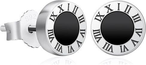 KRKC&CO Men Stud Earrings, 925 Sterling Silver, 14K Gold Iced Out Cz Diamond Black Onyx With Roman Numerals, Hypoallergenic, Stylish Hip Hop Street-Wear Look for Boys Men Women in Saudi Arabia