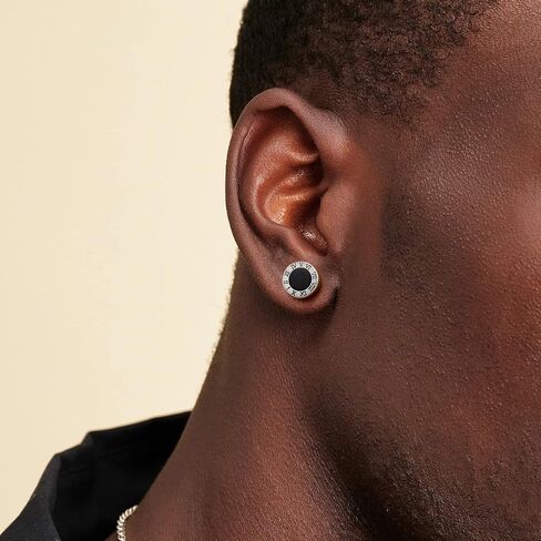KRKC&CO Men Stud Earrings, 925 Sterling Silver, 14K Gold Iced Out Cz Diamond Black Onyx With Roman Numerals, Hypoallergenic, Stylish Hip Hop Street-Wear Look for Boys Men Women in Saudi Arabia