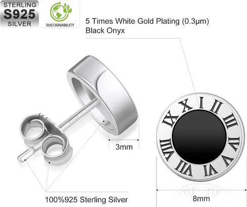KRKC&CO Men Stud Earrings, 925 Sterling Silver, 14K Gold Iced Out Cz Diamond Black Onyx With Roman Numerals, Hypoallergenic, Stylish Hip Hop Street-Wear Look for Boys Men Women in Saudi Arabia