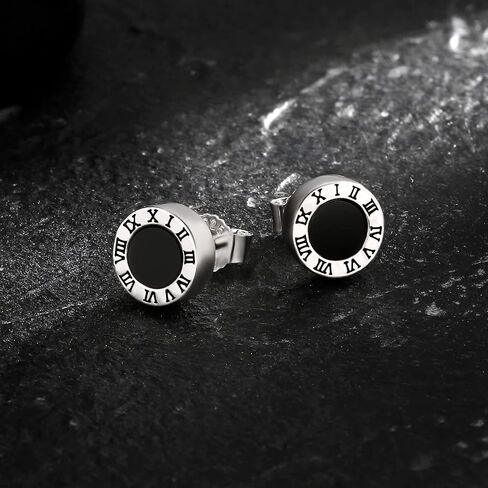 KRKC&CO Men Stud Earrings, 925 Sterling Silver, 14K Gold Iced Out Cz Diamond Black Onyx With Roman Numerals, Hypoallergenic, Stylish Hip Hop Street-Wear Look for Boys Men Women in Saudi Arabia