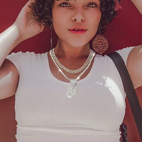 KOHOTA Cursive Silver Initial Pendant Necklace for Women Miami Cuban Link Chain Layered Heart Shape Bling Diamond Iced Out Chain Pendant Necklace Hip Hop Jewelry Gift 2PCS Chains in Saudi Arabia