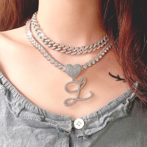KOHOTA Cursive Silver Initial Pendant Necklace for Women Miami Cuban Link Chain Layered Heart Shape Bling Diamond Iced Out Chain Pendant Necklace Hip Hop Jewelry Gift 2PCS Chains in Saudi Arabia