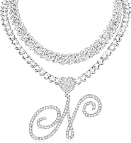 KOHOTA Cursive Silver Initial Pendant Necklace for Women Miami Cuban Link Chain Layered Heart Shape Bling Diamond Iced Out Chain Pendant Necklace Hip Hop Jewelry Gift 2PCS Chains in Saudi Arabia