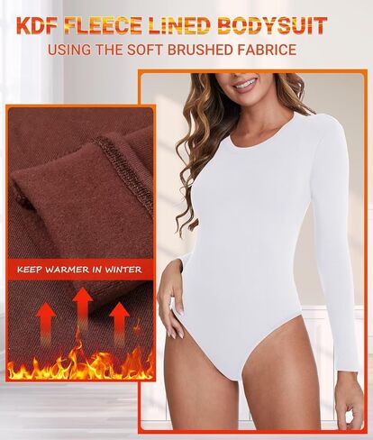 KDF Long Sleeve Bodysuit for Women, Crew Neck Fleece Lined Bodysuit Top Women Thick Stretch Tops Jumpsuit with Tummy Control in Kuwait