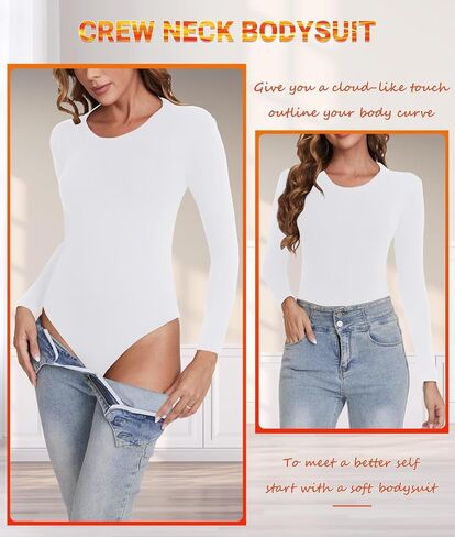 KDF Long Sleeve Bodysuit for Women, Crew Neck Fleece Lined Bodysuit Top Women Thick Stretch Tops Jumpsuit with Tummy Control in Kuwait