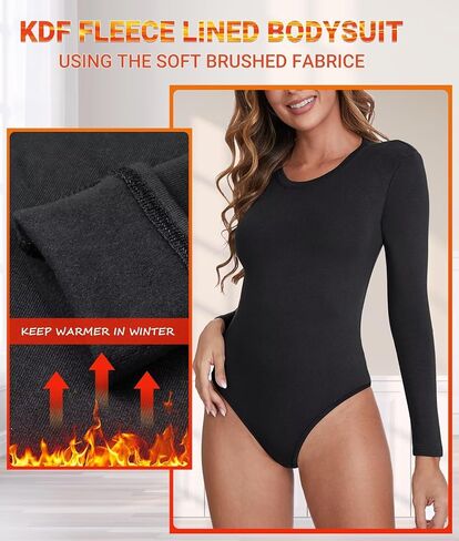 بدلة للجسم بأكمام طويلة للنساء من KDF، بدلة قطعة علوية مبطنة بالصوف برقبة دائرية للنساء، بدلة قفز سميكة قابلة للتمدد مع تحكم في البطن in Kuwait