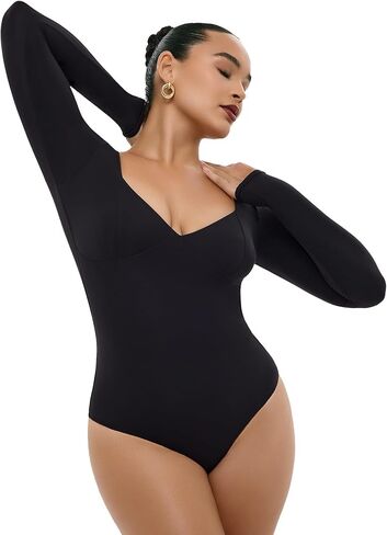 Freehut Women's Bodysuit Long Sleeve Double Lined Square V Neck Thong Slimming Body Suit Tops Softhug Collection in Saudi Arabia