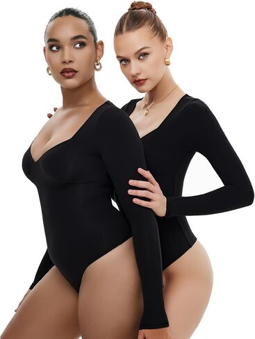 Freehut Women's Bodysuit Long Sleeve Double Lined Square V Neck Thong Slimming Body Suit Tops Softhug Collection in Saudi Arabia