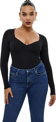 Freehut Women's Bodysuit Long Sleeve Double Lined Square V Neck Thong Slimming Body Suit Tops Softhug Collection in Saudi Arabia