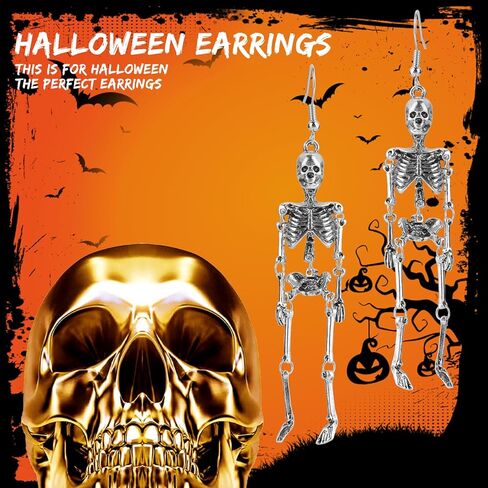 yolev الجمجمة أقراط للرجال النساء صوتها الهيكل العظمي طويل الأذن انخفاض الأقراط مسمار هالوين زي الاكسسوارات الأقراط مخيف هالوين حزب الأقراط هالوين للنساء الفتيات in Kuwait