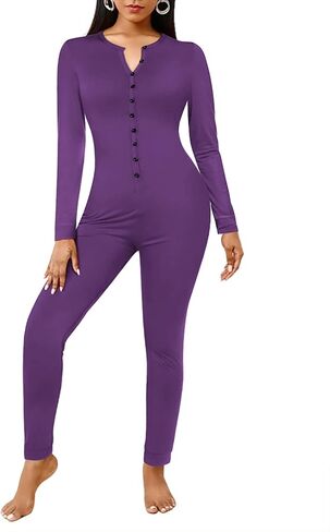 Ekouaer Onesie Pajamas Long Sleeve Button Front One Piece Sleepwear Loungewear Purple Small in Saudi Arabia