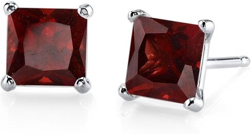 Peora Solid 14K White Gold Red Garnet Stud Earrings for Women, Genuine Gemstone Birthstone Solitaire Princess Cut, 6mm, 2.75 Carats total, Friction Back in Saudi Arabia