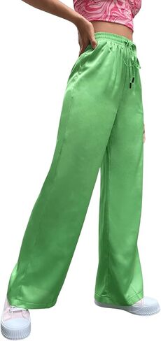 SweatyRocks Women's Wide Leg Satin Pants Casual Elastic Waist Loose Trousers with Pocket in Kuwait