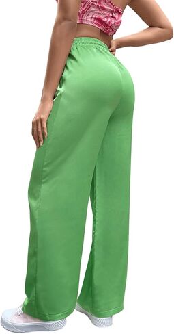 SweatyRocks Women's Wide Leg Satin Pants Casual Elastic Waist Loose Trousers with Pocket in Kuwait