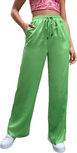 SweatyRocks Women's Wide Leg Satin Pants Casual Elastic Waist Loose Trousers with Pocket in Kuwait